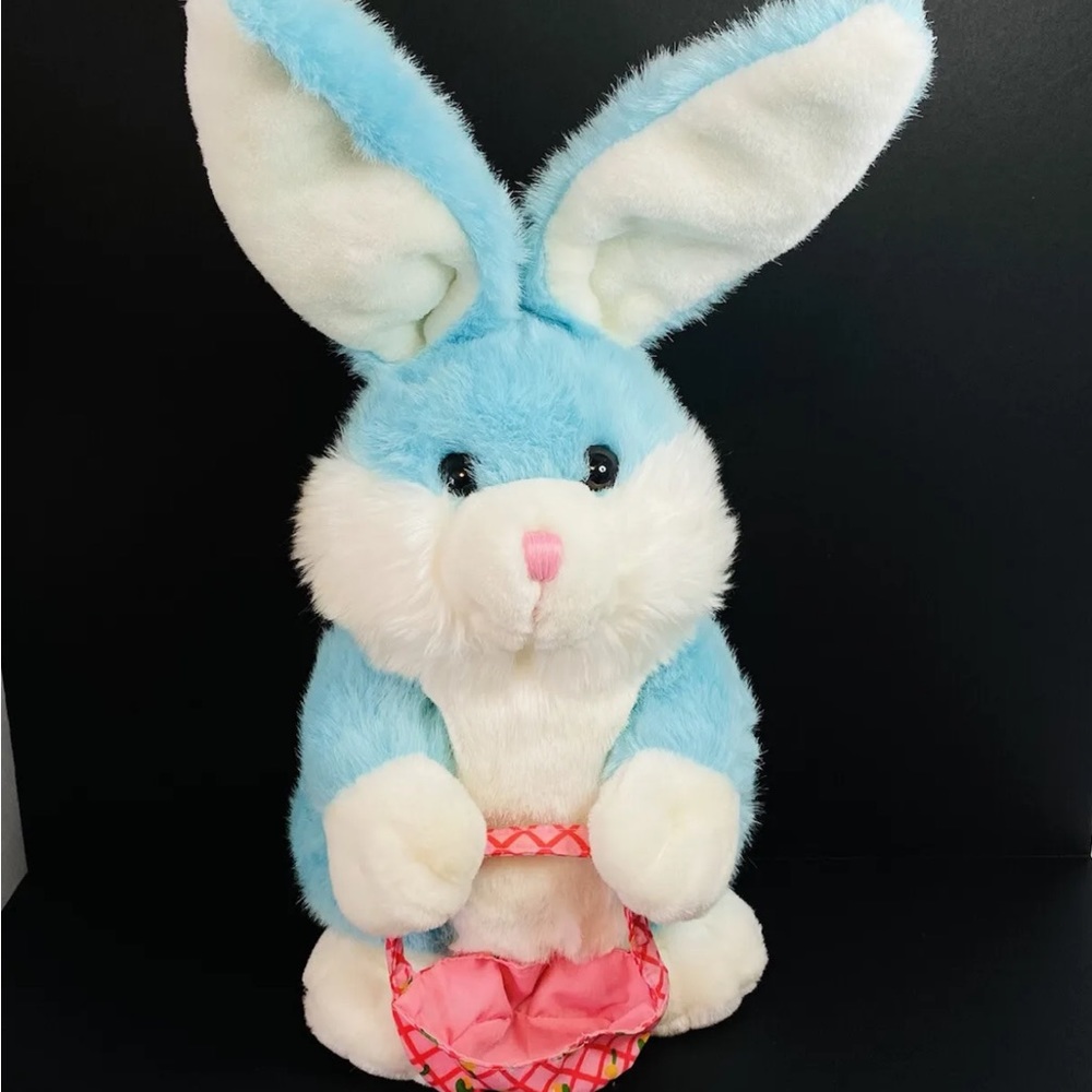 Plush Easter Bunny Turquoise Blue Holding Pink Basket Posable Ears 17” Tall